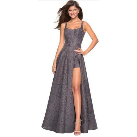 La Femme 27476 Classy Allover Lace Organza Gown with Romper Shorts Gray Size 0 - Picture 3 of 11